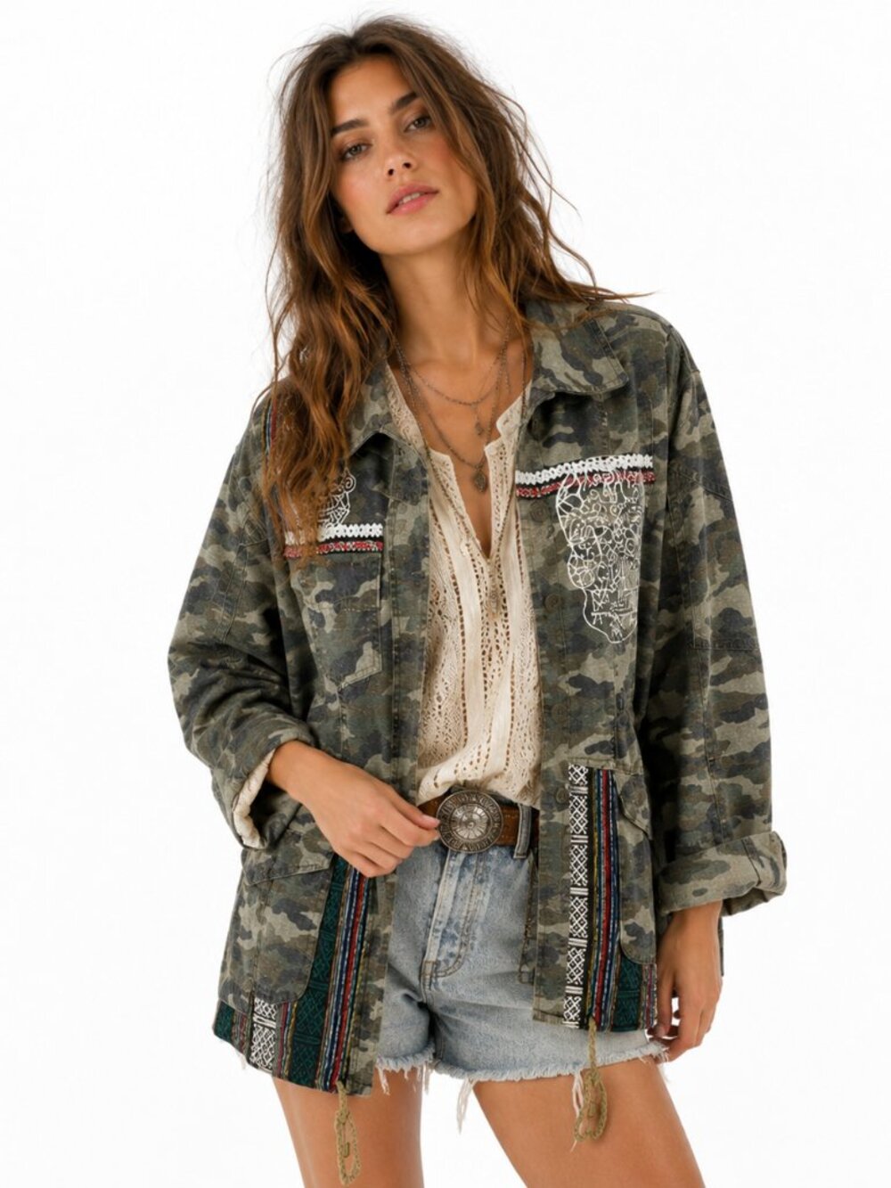 Daytrip Camo Jacket Womens M Embroidered Sugar Skull Military Boho Western Y2K